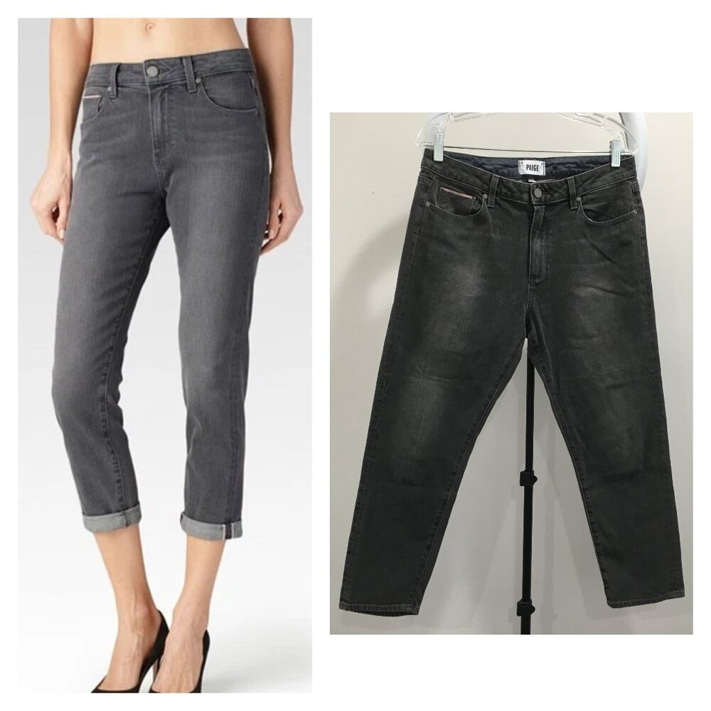 PAIGE Premium Denim Gray Rudy Wash CALLIE Crop 5 Pocket Logo Hardware Jeans